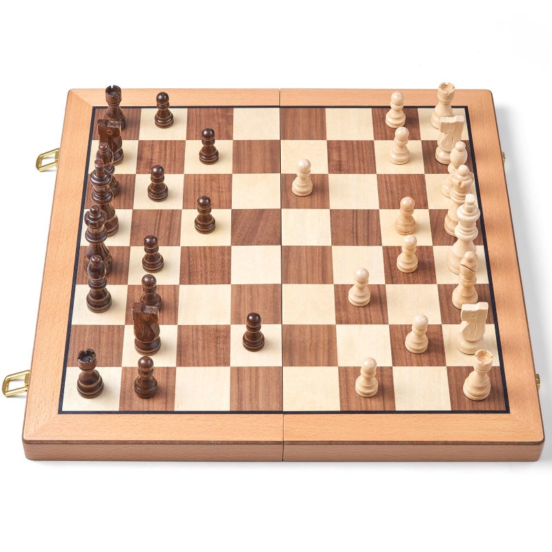 AMEROUS Magnetic Wooden Chess Set, 15 Inches Handmade Wooden Folding Travel Chess Board Game Sets with Chessmen Storage Slots for Kids and Adults, 2 Bonus Extra Queens, Gift Box Packed - Image 3